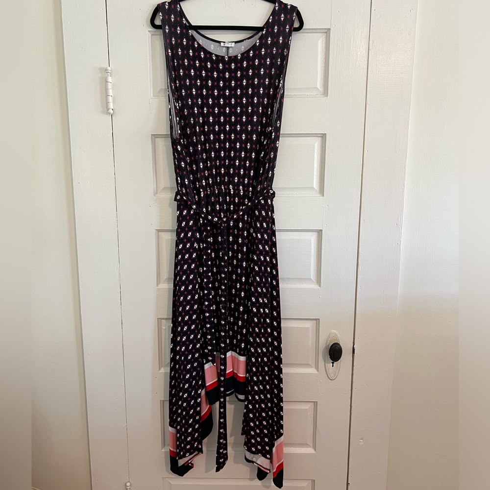 Westport navy geometric print dress, tie waist